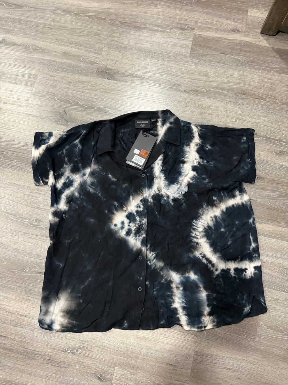 Harley-Davidson Black and White Tie-Dye Short Sleeve Button-Down Shirt